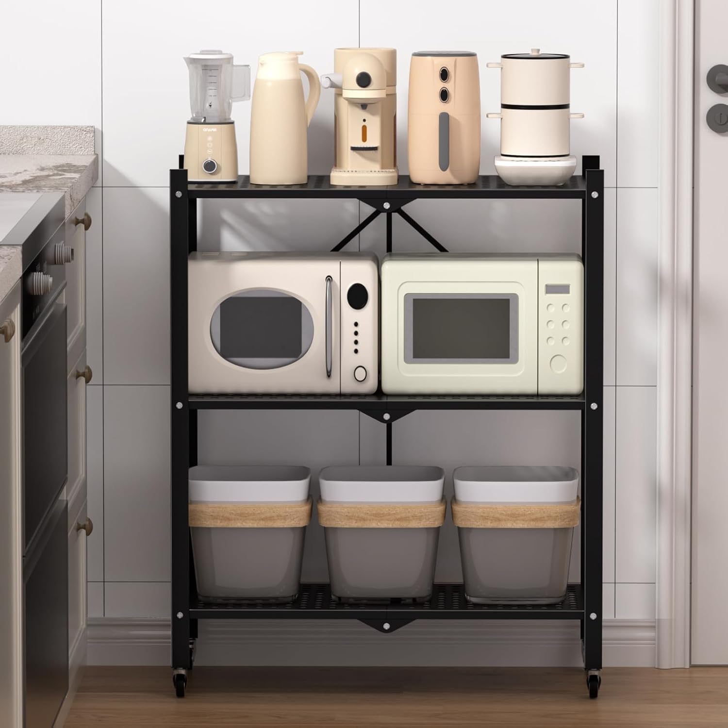 رف معدني متين قابل للطي بثلاثة مستويات