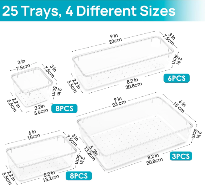 Clear Drawer Organizer Set – 25 Pieces
