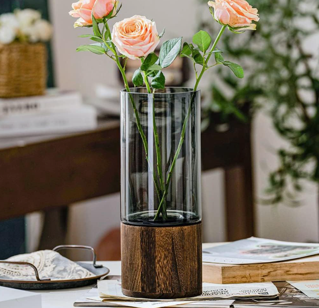 Vase Moderne en Verre avec Socle en Bois