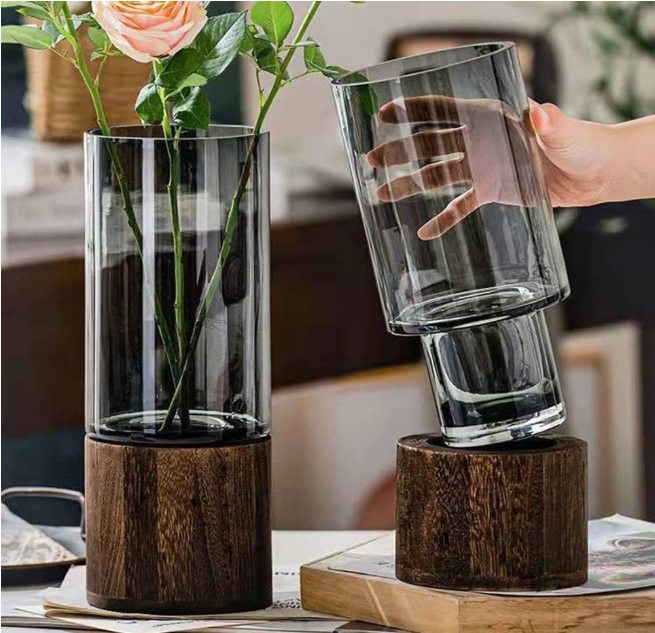 Vase Moderne en Verre avec Socle en Bois
